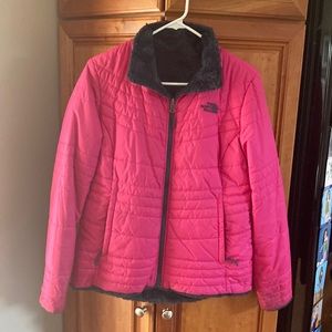 The Northface reversible womens jacket, navy blue/grey fuzzy inside/pinkoutside